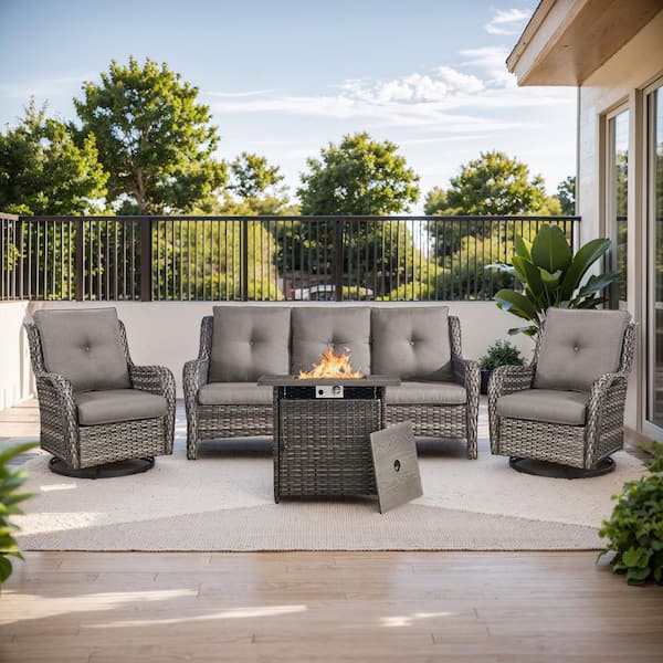 moosprr 4-Piece Gray Wicker Fire Pit Conversation Set with Olefin Gray Cushions and 2 Swivel Glider Chairs and Sofa