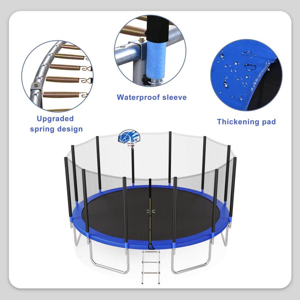 16FT Blue Round Outdoor Trampoline with Basketball Hoop