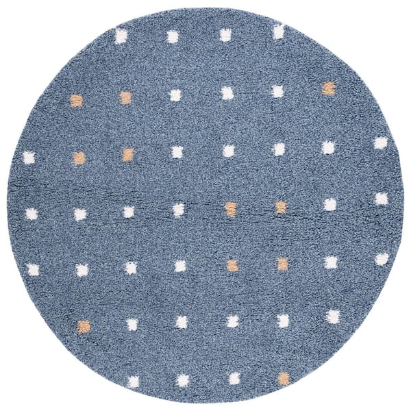 Calico Shag 5 ft. x 5 ft. Blue/Ivory Polka Dot Round Rug
