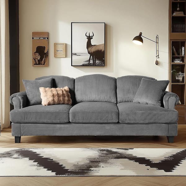 Allwex TATA 91 in. Rolled Arm Corduroy 3-Seater Couch Modern Rectangle Upholstered Sofa in Gray