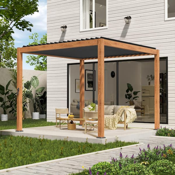 10 ft. x 10 ft. Modern Aluminum Frame Pergola for Outdoor Garden with Adjustable Louvered Roof, Wood Grain
