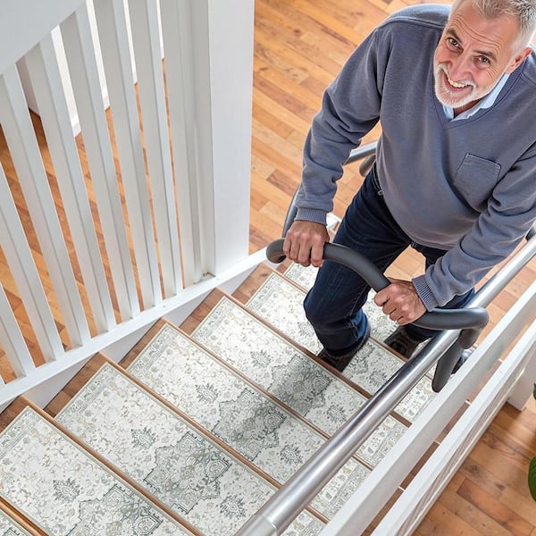 Grey 8 in. x 30 in. Polyester Stair Tread Cover Set of 15, Non-Slip Stair Runners for Indoor Wooden Steps