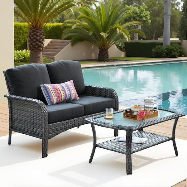 Gray Wicker 2-Piece Outdoor Loveseat Patio Loveseat Set with Black Cushions and Glass Coffee Table for Small Space