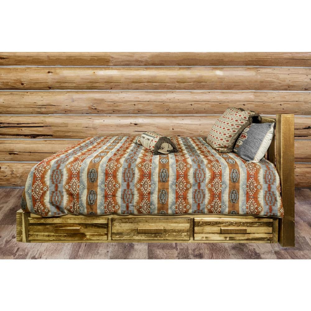 Early American Pine King Platform Bed with Storage Drawers
