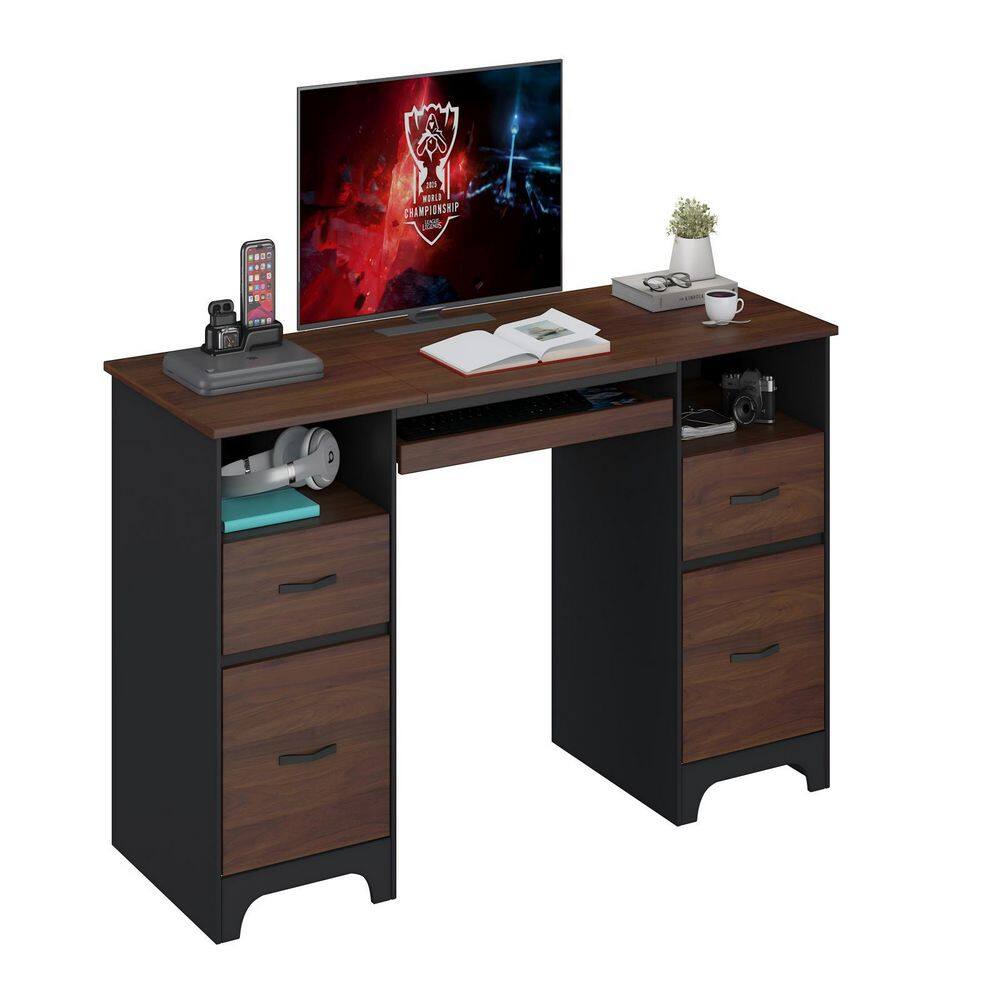 59 in. Rectangular Cherry 4-Drawers Computer Executive Desk with 2-Open Storage and Keyboard Tray