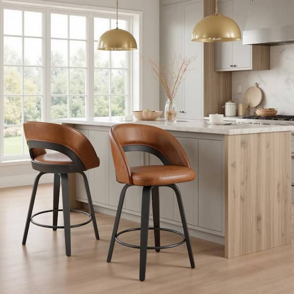HAVEN Brown Faux Leather Swivel Bar Stools (Set of 2)