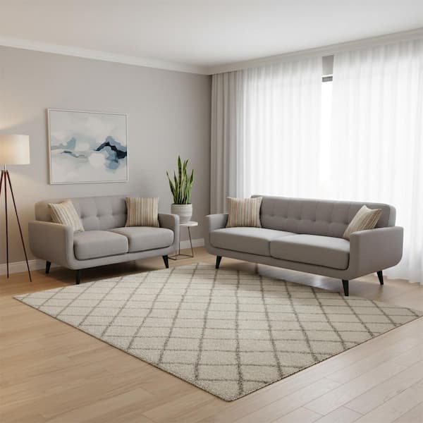 AC Pacific Crystal Upholstered Mid-Century 2-Piece Gray Living Room Set with 4-Accent Pillows
