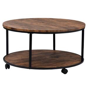 35.5 in. Distressed Brown Round Metal Coffee Table with Caster Wheels and Wood Textured Surface