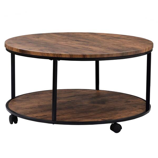 Qualfurn 35 5 In Distressed Brown Round Metal Coffee Table With Caster Wheels And Wood Textured Surface Ctm196233p The Home Depot Wood Textured Surface Ctm196233p, Round Wood And Metal Coffee Table With Wheels