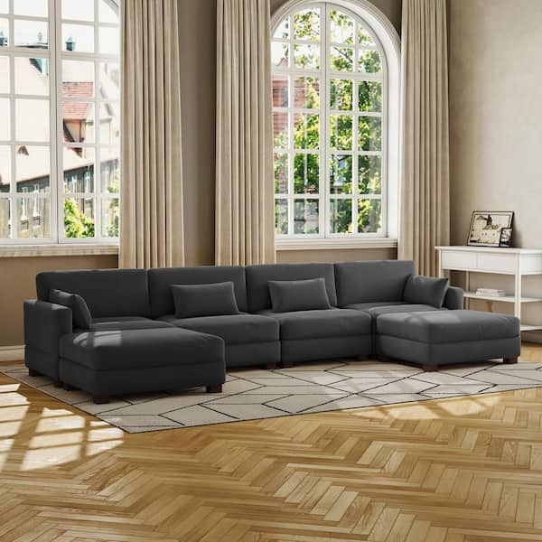 Uixe 160 in. Square Arm 6-piece Corduroy Upholstered U-Shaped Sectional Sofa in Gray