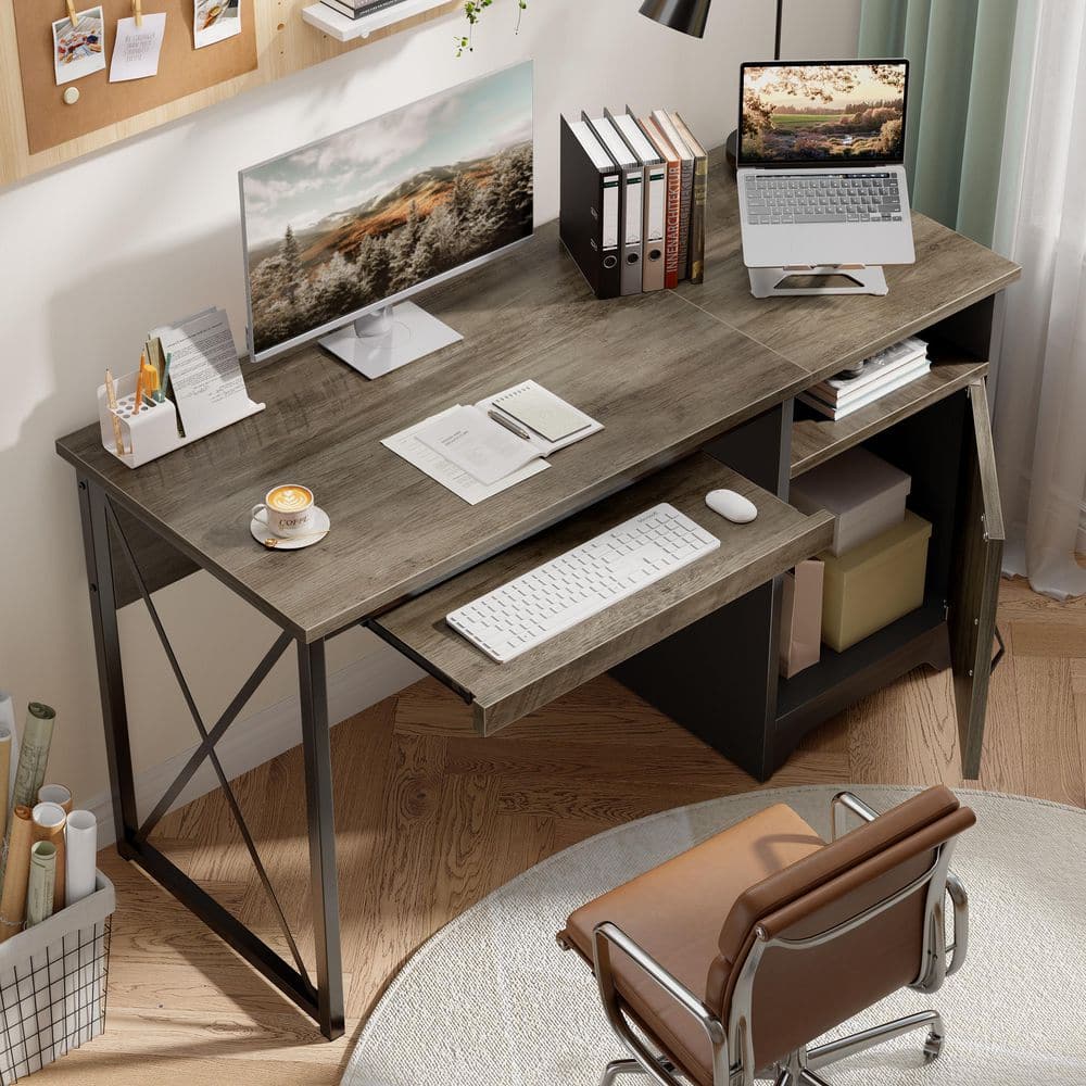 47.2 in. Rectangular Gray Reversible Office Desk with Storage Magnetic Cabinet,Study Writing Desk with Keyboard Tray