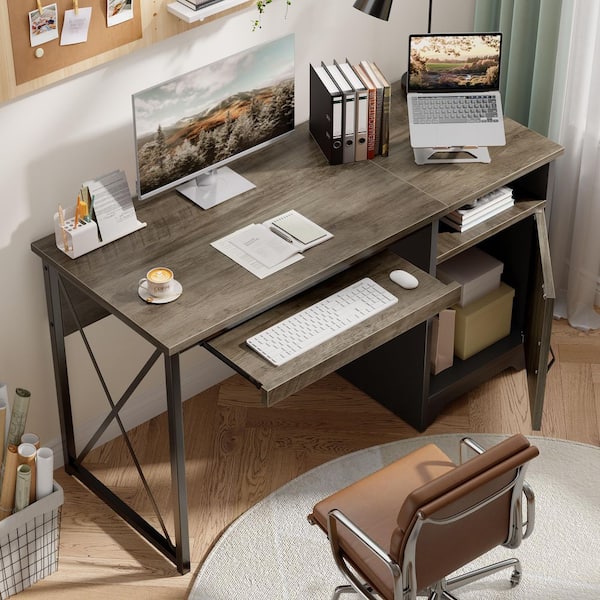 47.2 in. Rectangular Gray Reversible Office Desk with Storage Magnetic Cabinet,Study Writing Desk with Keyboard Tray