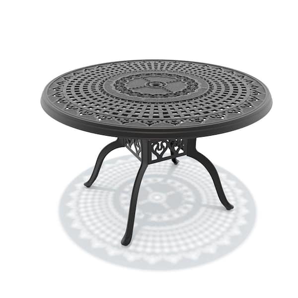 Black Round Cast Aluminum Outdoor Patio Dining Table with Umbrella Hole