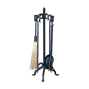 Black Wrought Iron 5-Piece Fireplace Tool Set and Heavy Weight Construction