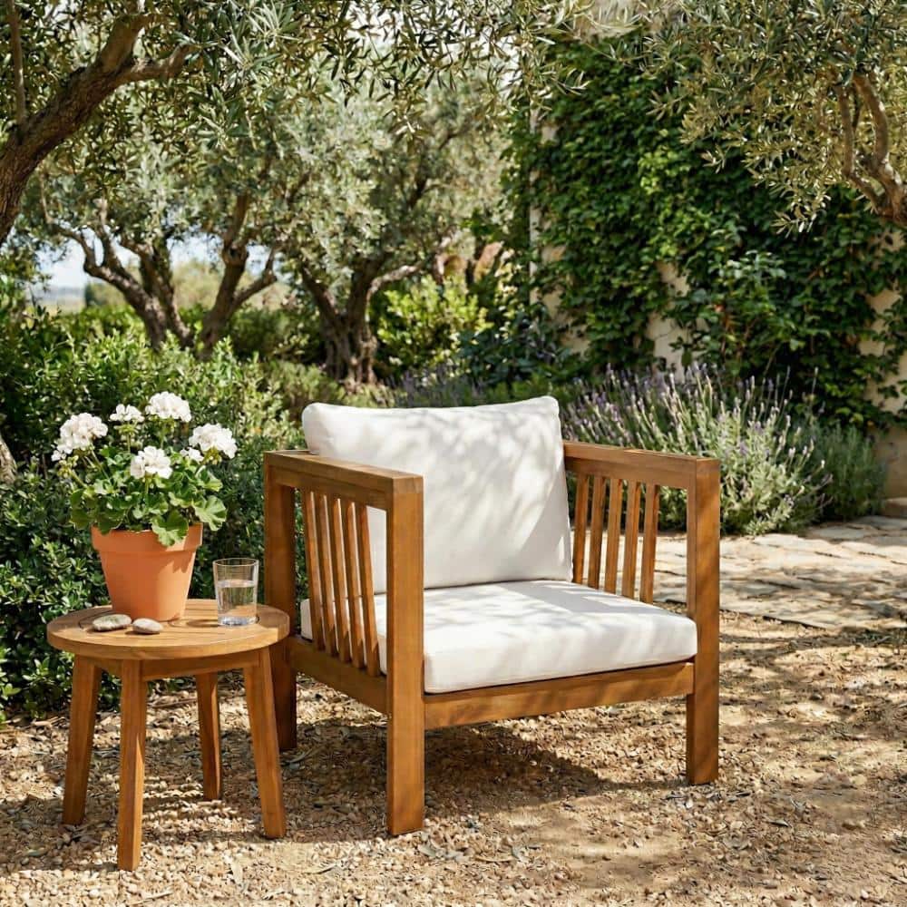 Outdoor Acacia Wood Club Chair with Modern Square Arms and Beige Thick Cushions price history on PriceWatchPro