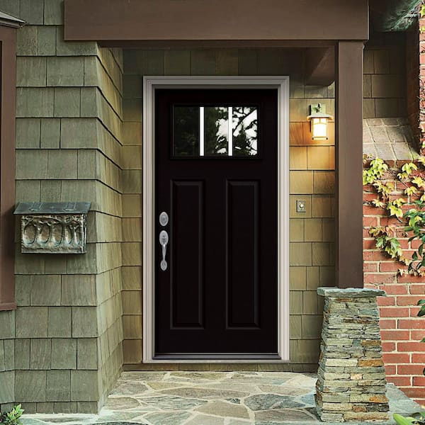 34 in. x 80 in. Black Right-Hand Inswing 3-Lite Craftsman Painted Steel Prehung Front Door