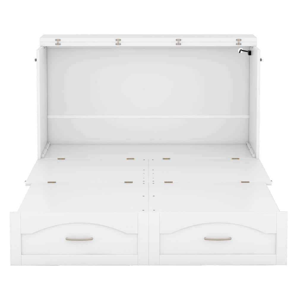 White Wood Frame Queen Size Murphy Bed with Built-in Charging Station, Pulleys and Sliding Rails Design, 2-Drawer - thumbnail 5