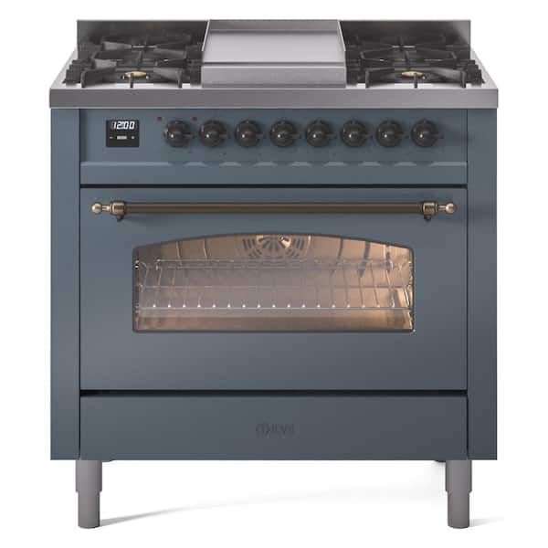 ILVE Nostalgie II 36 in. Dual Fuel Natural Gas Range with 6-Burners, Griddle, Burnished Trim in Blue Grey
