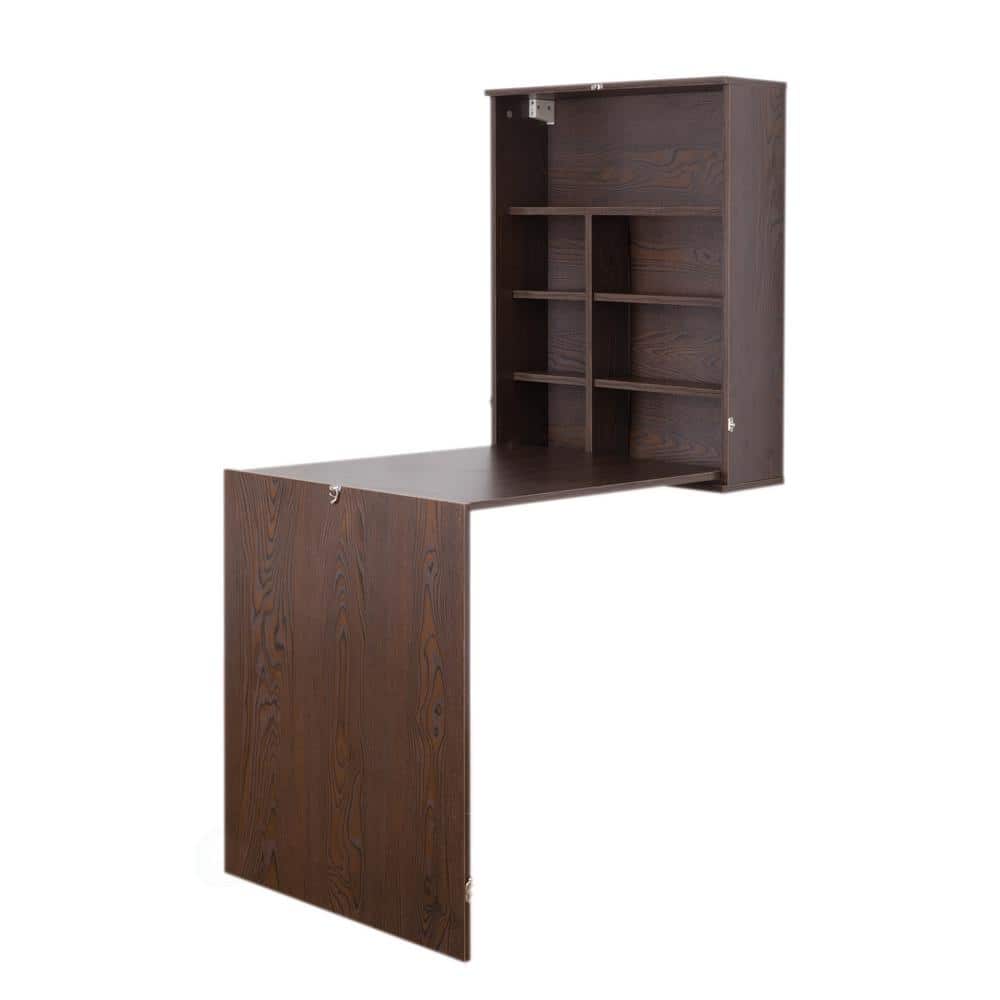 Brown Wood Foldable Wall Mount Laptop Desk with Shelves