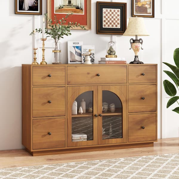 Luther Modern Natural 35.8 in. H Sideboard Accent Storage Cabinet with Glass Doors, Adjustable Shelves, Drawers