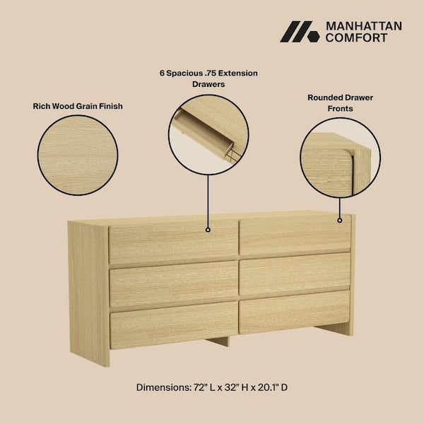 Manhattan Comfort Linda Natural Oak 6-Drawer 72 in. Wide Modern 