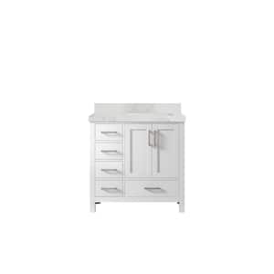 Malibu 36 in. W x 22 in. D x 36 in. H Right Offset Sink Bath Vanity in White with 2 in. Calacatta Nuvo Top