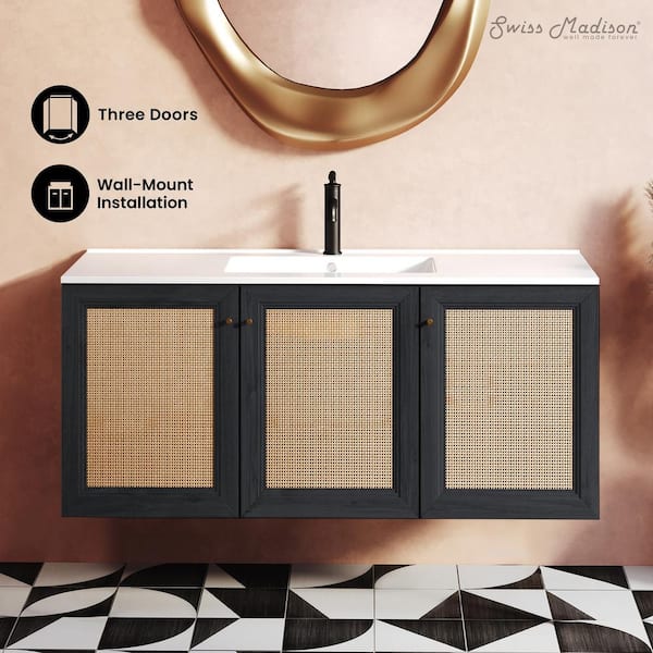 Classe 48 in. Wall-Mounted Bath Vanity in Black Oak with White Ceramic Sink Top