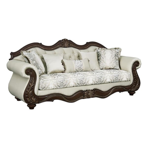 Pierce 35 in. Rolled Arm Fabric Rectangle Sofa with 5 Pillows in Beige Fabric and Cherry Finish
