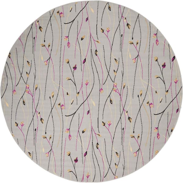 Nourison Grafix Grey 8 ft. x 8 ft. Floral Contemporary Round Rug