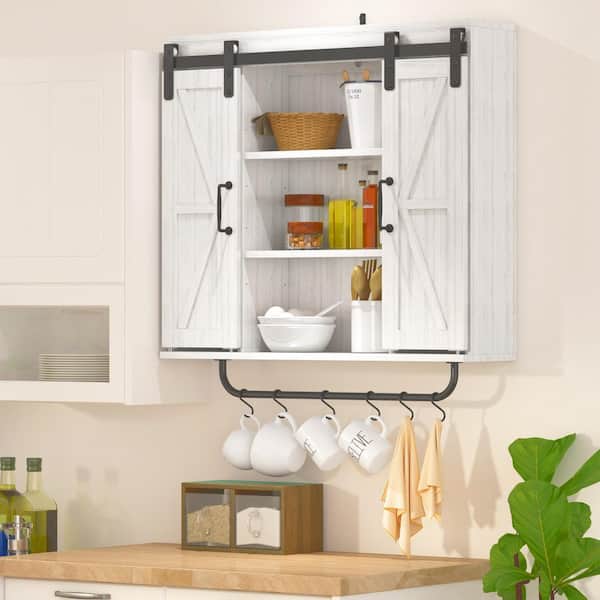White Vintage Eco Particleboard 3-Shelf Kitchen Organizer with 2 Sliding Doors and Black Hooks