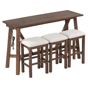 Brown 4-Piece Wood Outdoor Dining Set with 3 Upholstered Stools