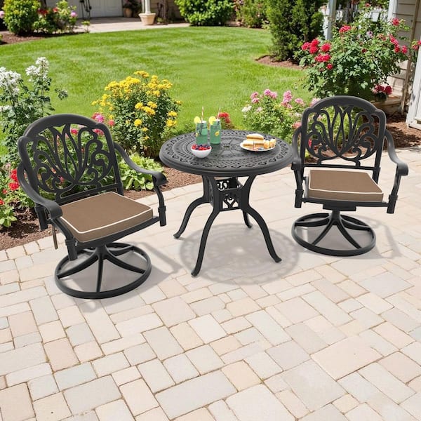3-Piece Black Cast Aluminum Patio Outdoor Dining Set with Round Table and 2 Swivel Chairs with Brown Cushions