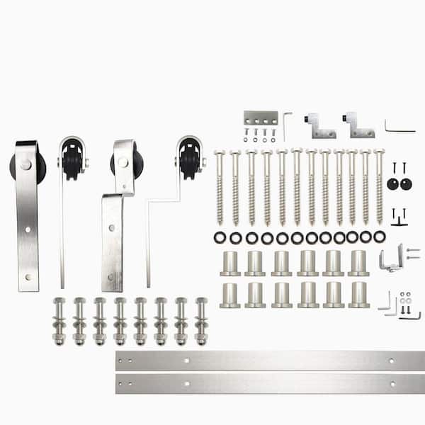HOMACER 16 ft./192 in. Brushed Nickel Single Track Bypass Sliding Barn Door Track and Hardware Kit for Double Doors