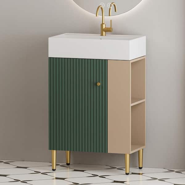 22 in. W x 12 in. D x 34 in. H Single Sink Bath Vanity in Green w/ White Ceramic Top and Right Side Open Storage Shelves