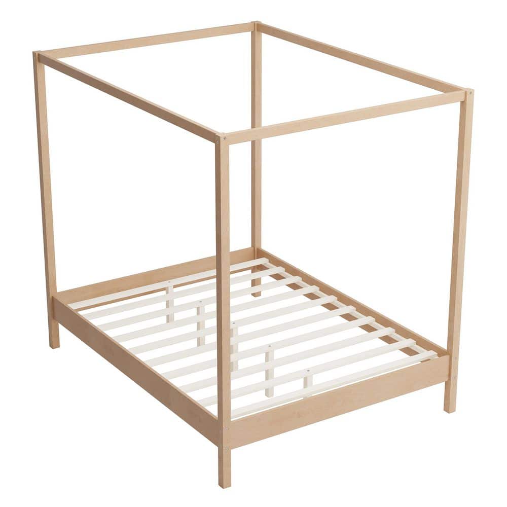 Natural (Light Brown) Solid Wood Frame Queen Size Canopy Bed with Premium Sturdy Construction, No Box Spring Needed - thumbnail 10