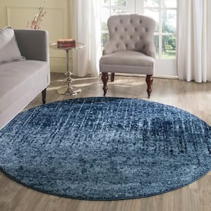 Retro Light Blue/Blue 8 ft. x 8 ft. Round Floral Distressed Area Rug