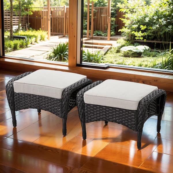 Opohoro PlainCurve Metal and Black Wicker Outdoor Patio Ottoman with Olefin Beige Family Cushion (2-Pack)