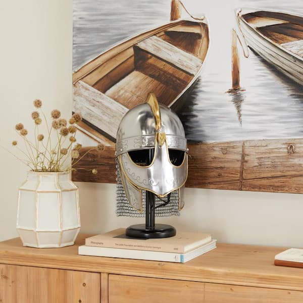 Silver Metal Replica Medieval Knight Crusader Helmet with Black Wood Stand and Chainmail