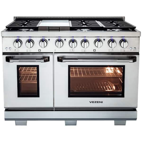 Randolph Collection 48" 7 Burners + Griddle Double Oven Gas Range in Stainless Steel