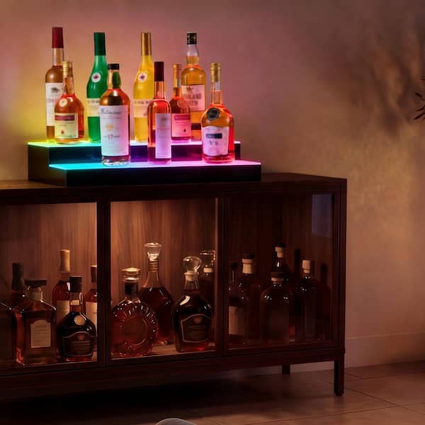 LED Lighted Liquor Bottle Display, 3.9 in. H x 7.9 in. W, 20-Bottles Black and White Acrylic Bar Display with RF Remote