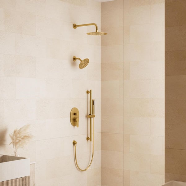 Crozet 3-Spray 10 in. Wall Mount Dual Fixed and Handheld Shower Head Shower Faucet Hand Shower 2.5 GPM in Brushed Gold