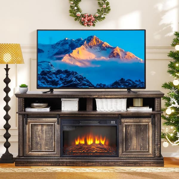 59 in. Freestanding Sliding Door TV Stand Large Storage Cabinet with 23 in. Fireplace, TV up to 65 in. Brown