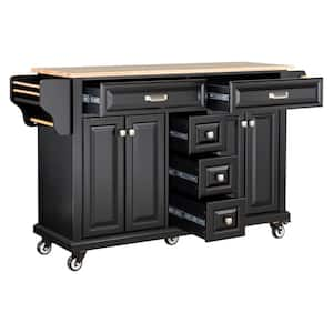 Black Wood 60.5 in. Kitchen Island with Storage and 2-Drawers