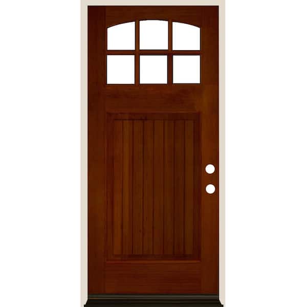 Krosswood Doors 36 in. x 80 in. Craftsman 6 Lite V Groove Arch Top Red Chestnut Stain Left-Hand/Inswing Hemlock Prehung Front Door