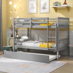 Modern Wooden Gray Twin Over Twin Size Bunk Beds with Trundle, Solid Wood Bed Frame with Safety Rail and Ladder, Kids