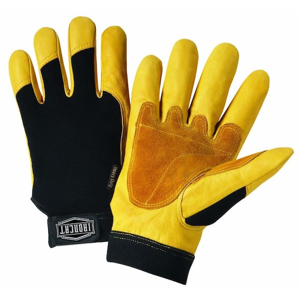 Ironcat Large Grain Cowhide Leather Gloves with Spandex Back, Reinforced Palm and Thumb