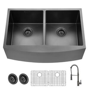 Gunmetal Black Stainless Steel 33 in. 18-Gauge Double Bowl Farmhouse Kitchen Sink with Black Spring Neck Faucet