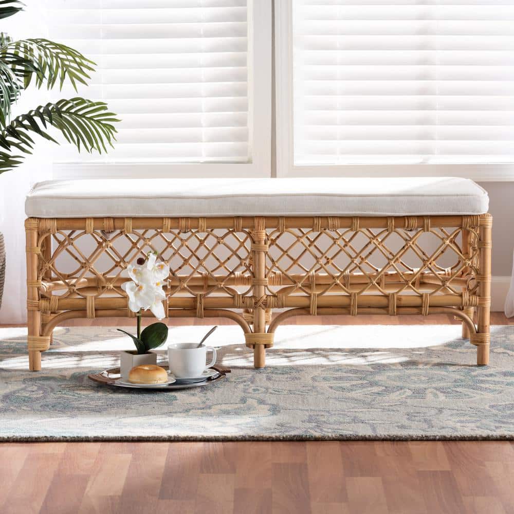 Serene Orchard White Fabric and Natural Rattan Bench - 48"
