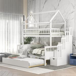 White Twin Over Full Size House Bunk Bed with Storage Staircase and Trundle, Full-Length Guardrail