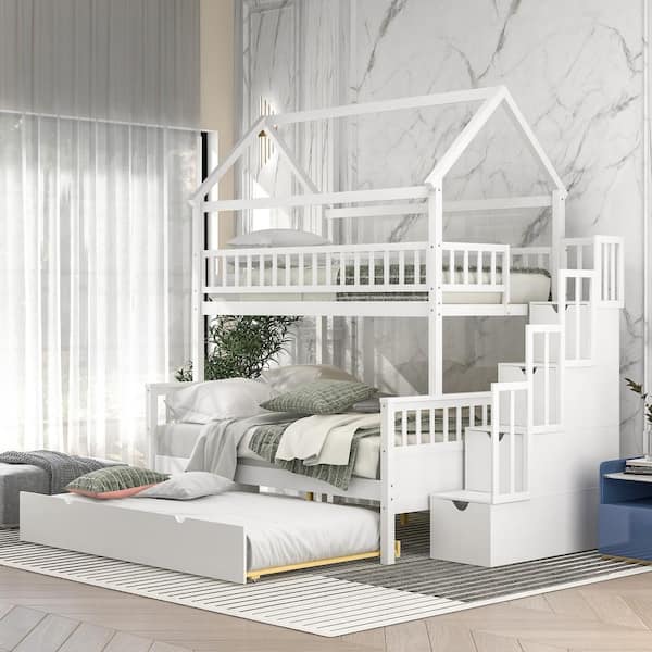 GODEER White Twin Over Full Size House Bunk Bed with Storage Staircase and Trundle, Full-Length Guardrail